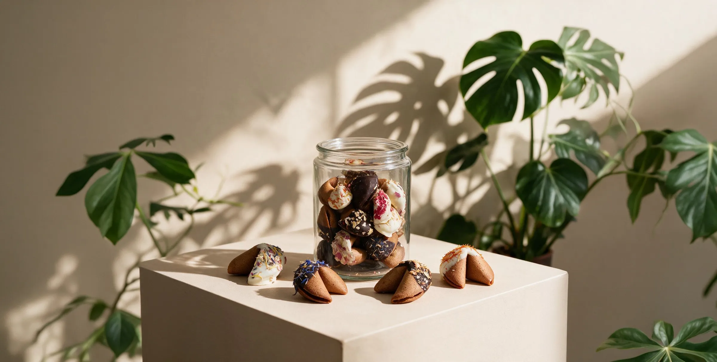 Fortune cookies in a jar, in afternoon light.
