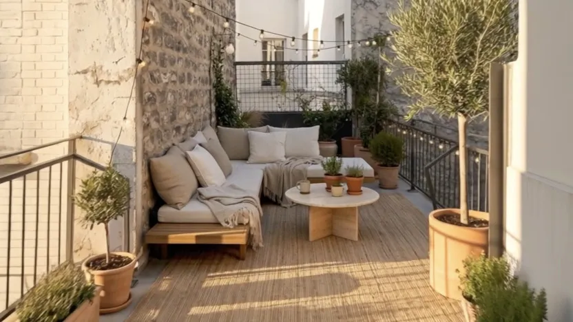 A narrow Paris terrace at golden hour, under string lights.